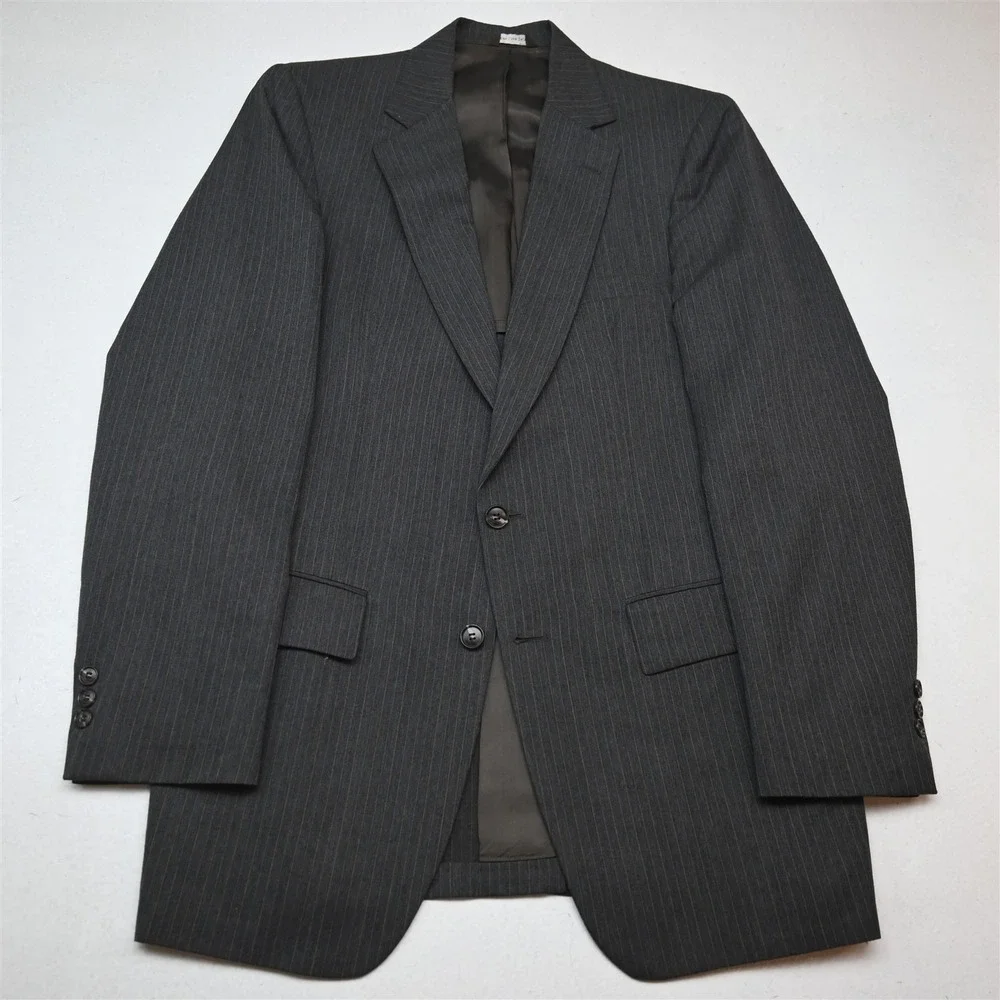 Vtg USA Made 38L 34x34 Taupe Brown Gray Striped Wool Bootcut Mens Suit